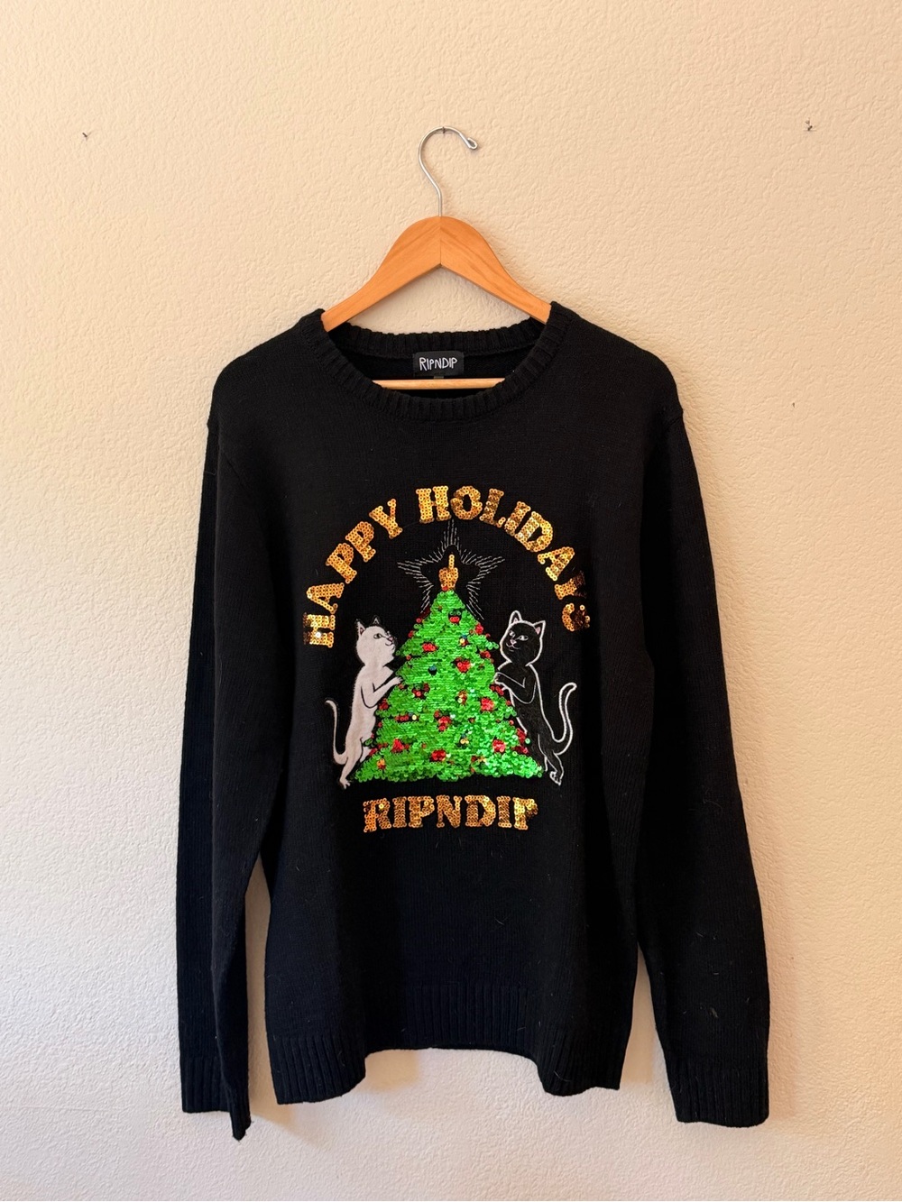 Ripndip Black Holiday Sweater with Sequin Tree and Cats